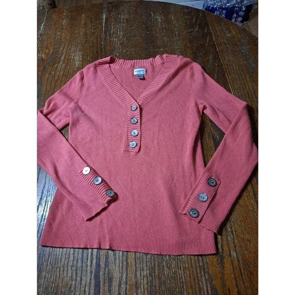New Size 4 Chicos 0 Pink Rose Long Sleeve 4 Button Front VNeck Knit Top Shirt
